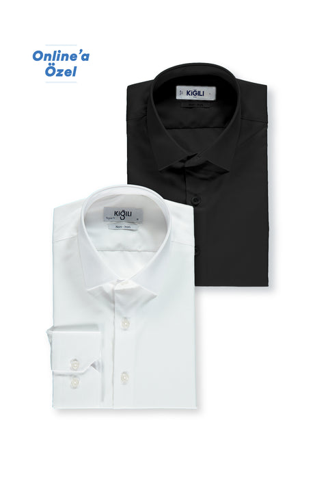 Siyah-Beyaz 2 'li Uzun Kol Regular Fit Pamuklu Ütü Gerektirmeyen Pamuklu Klasik Non Iron Gömlek Seti