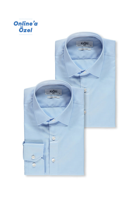 614 2'li Uzun Kol Regular Fit Pamuklu Ütü Gerektirmeyen Pamuklu Klasik Non Iron Gömlek Seti