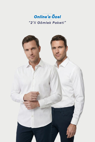  Beyaz-Beyaz 2'li Uzun Kol Regular Fit Pamuklu Ütü Gerektirmeyen Pamuklu Klasik Non Iron Gömlek Seti