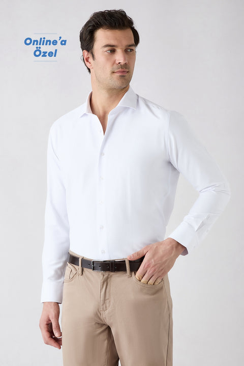 Beyaz Uzun Kol Slim Fit İtalyan Yaka Oxford 4 Mevsim Pamuklu Kolay Ütülenebilir Klasik Gömlek