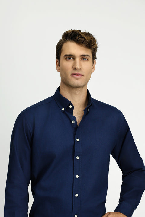 Dark Navy Long Sleeve Regular Fit Button-Down Collar Cotton Oxford Shirt