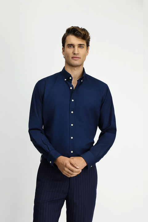 Dark Navy Long Sleeve Regular Fit Button-Down Collar Cotton Oxford Shirt