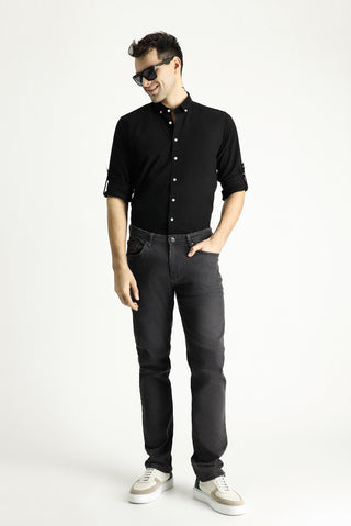  Siyah Lacivert Uzun Kol Relaxed Fit Rahat Kesim Keten Görünümlü Pamuk Düğmeli Yaka Gömlek