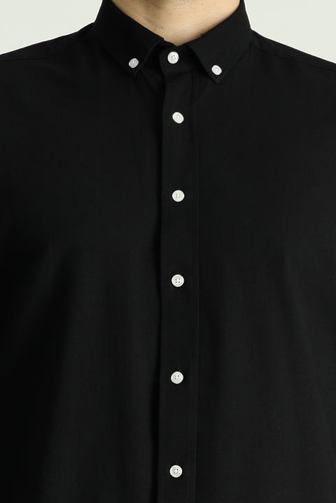 Siyah Lacivert Uzun Kol Rahat Kesim Düğmeli Yaka Pamuk Nefes Alabilen Keten Görünümlü Gömlek