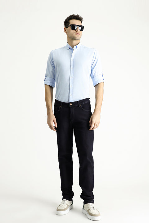 Açık Mavi Uzun Kol Rahat Kesim Düğmeli Yaka Pamuk Nefes Alabilen Keten Görünümlü Gömlek