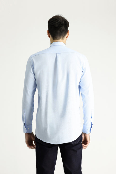 Açık Mavi Uzun Kol Rahat Kesim Düğmeli Yaka Pamuk Nefes Alabilen Keten Görünümlü Gömlek