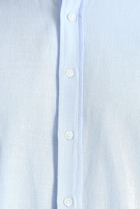 Açık Mavi Uzun Kol Rahat Kesim Düğmeli Yaka Pamuk Nefes Alabilen Keten Görünümlü Gömlek