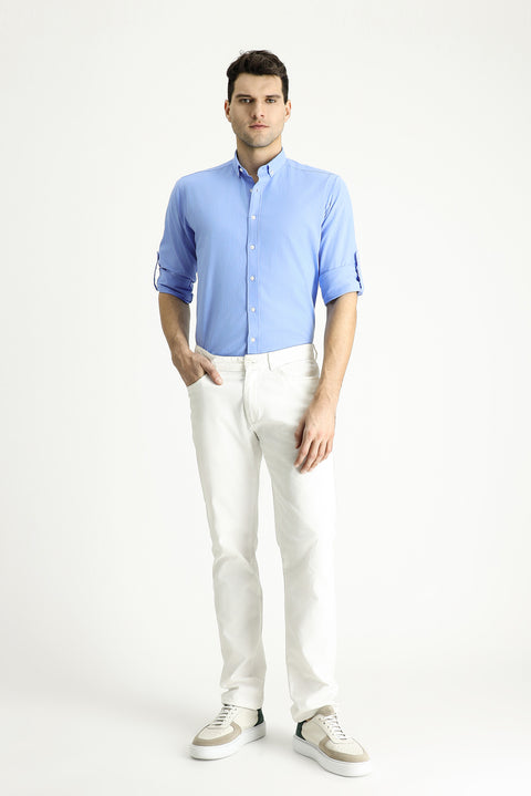 Mavi Uzun Kol Rahat Kesim Düğmeli Yaka Pamuk Nefes Alabilen Keten Görünümlü Gömlek