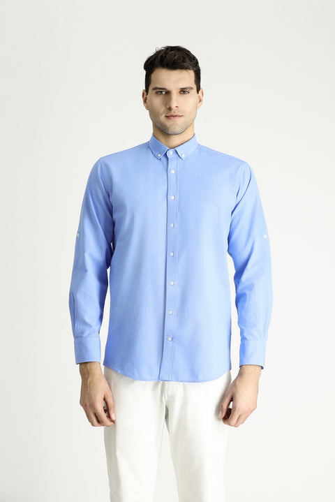 Mavi Uzun Kol Rahat Kesim Düğmeli Yaka Pamuk Nefes Alabilen Keten Görünümlü Gömlek