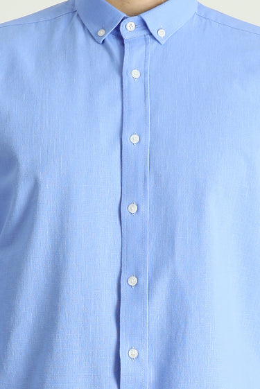 Mavi Uzun Kol Relaxed Fit Rahat Kesim Keten Görünümlü Pamuk Düğmeli Yaka Gömlek