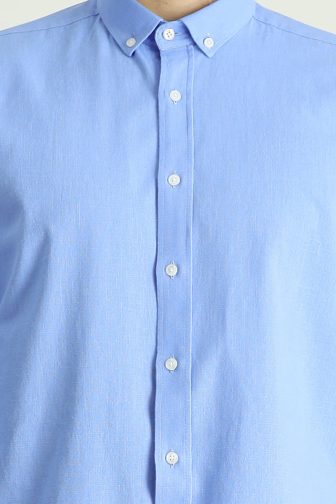 Mavi Uzun Kol Rahat Kesim Düğmeli Yaka Pamuk Nefes Alabilen Keten Görünümlü Gömlek