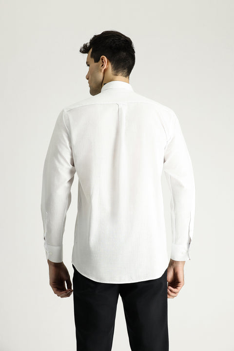 Beyaz Uzun Kol Rahat Kesim Düğmeli Yaka Pamuk Nefes Alabilen Keten Görünümlü Gömlek