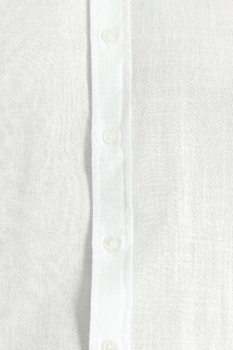 Beyaz Uzun Kol Rahat Kesim Düğmeli Yaka Pamuk Nefes Alabilen Keten Görünümlü Gömlek