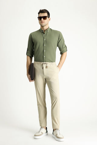  Orta Haki Uzun Kol Relaxed Fit Rahat Kesim Keten Görünümlü Pamuk Düğmeli Yaka Gömlek