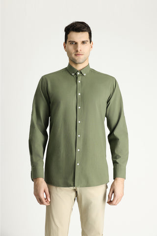  Orta Haki Uzun Kol Relaxed Fit Rahat Kesim Keten Görünümlü Pamuk Düğmeli Yaka Gömlek