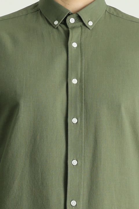 Orta Haki Uzun Kol Rahat Kesim Düğmeli Yaka Pamuk Nefes Alabilen Keten Görünümlü Gömlek