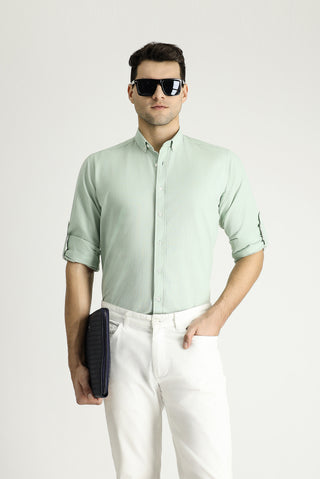  Su Yeşili Uzun Kol Relaxed Fit Rahat Kesim Keten Görünümlü Pamuk Düğmeli Yaka Gömlek