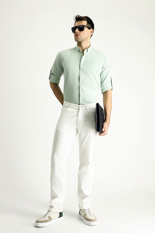  Su Yeşili Uzun Kol Relaxed Fit Rahat Kesim Keten Görünümlü Pamuk Düğmeli Yaka Gömlek