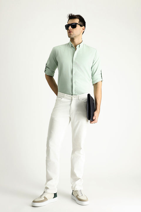 Su Yeşili Uzun Kol Rahat Kesim Düğmeli Yaka Pamuk Nefes Alabilen Keten Görünümlü Gömlek