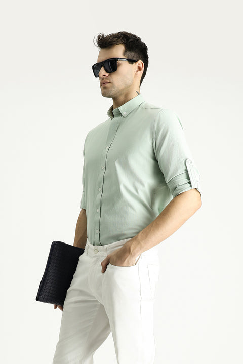 Su Yeşili Uzun Kol Rahat Kesim Düğmeli Yaka Pamuk Nefes Alabilen Keten Görünümlü Gömlek