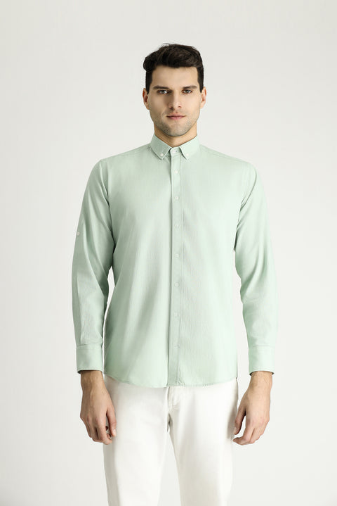 Su Yeşili Uzun Kol Rahat Kesim Düğmeli Yaka Pamuk Nefes Alabilen Keten Görünümlü Gömlek