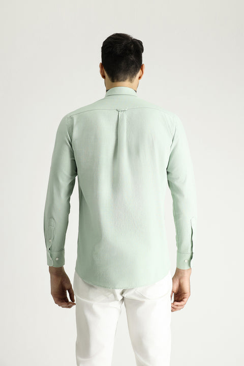 Su Yeşili Uzun Kol Rahat Kesim Düğmeli Yaka Pamuk Nefes Alabilen Keten Görünümlü Gömlek