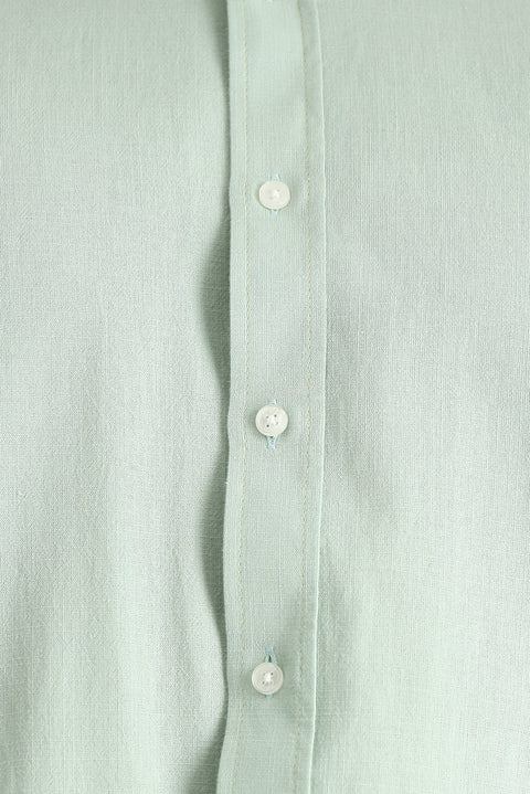Su Yeşili Uzun Kol Rahat Kesim Düğmeli Yaka Pamuk Nefes Alabilen Keten Görünümlü Gömlek