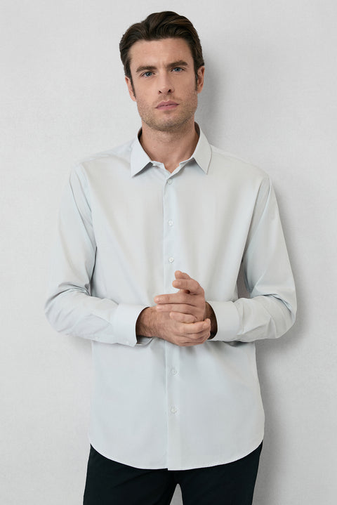 Açık Gri Uzun Kol Slim Fit %100 Pamuk 4 Mevsim Kolay Ütülenebilir Nefes Alan Erkek Easy Care Klasik Gömlek