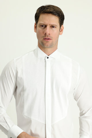  Beyaz Ata Yaka Slim Fit Dar Kesim Piliseli Pamuk Gömlek