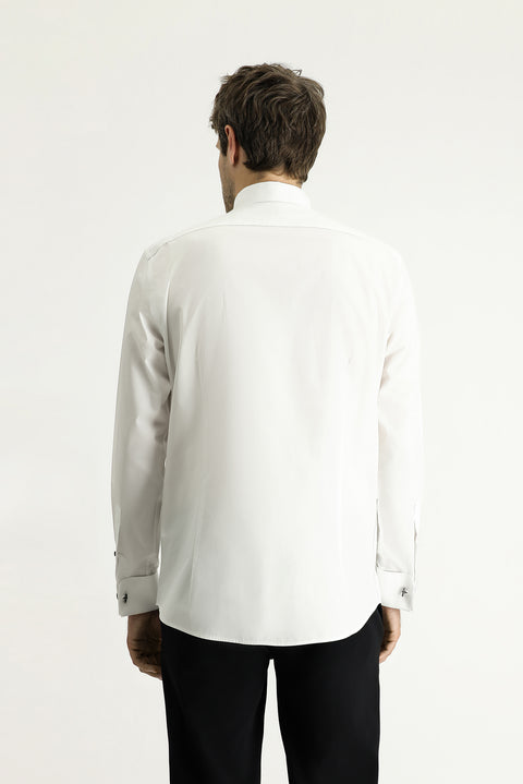 Beyaz Ata Yaka Slim Fit Dar Kesim Piliseli Pamuk Gömlek