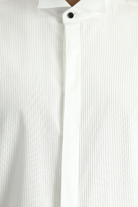 Beyaz Ata Yaka Slim Fit Dar Kesim Piliseli Pamuk Gömlek