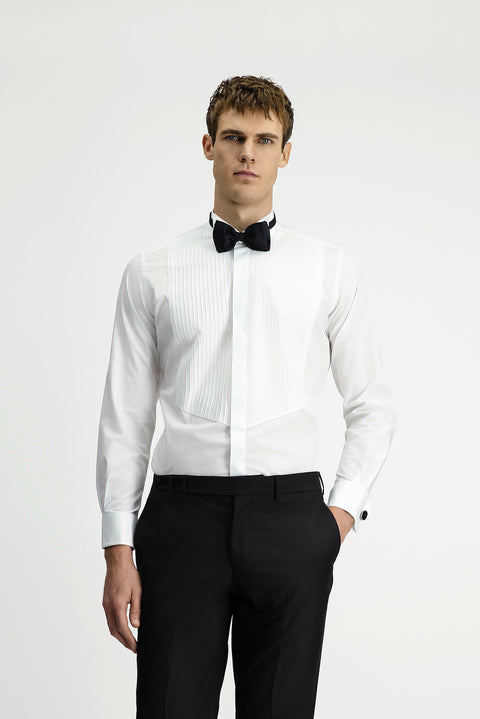 Beyaz Ata Yaka Slim Fit Dar Kesim Pamuk Piliseli Gömlek