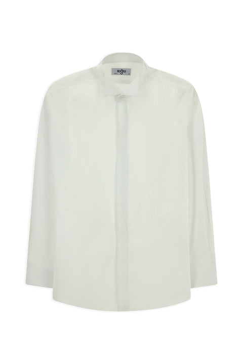 Beyaz Ata Yaka Slim Fit Dar Kesim Pamuk Piliseli Gömlek