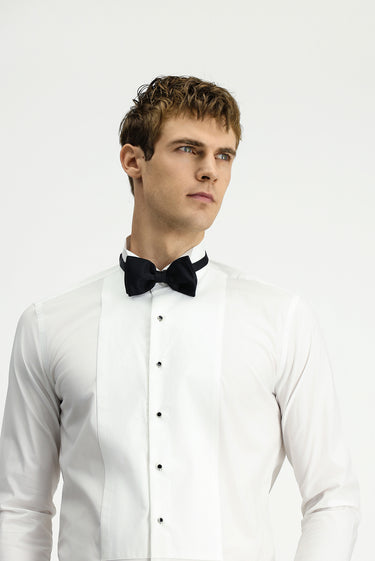 Beyaz Ata Yaka Slim Fit Dar Kesim Desenli Pamuklu Gömlek