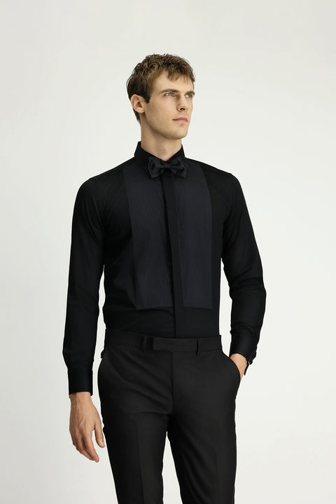 Siyah Slim Fit Dar Kesim Piliseli Pamuklu Ata Yaka Gömlek