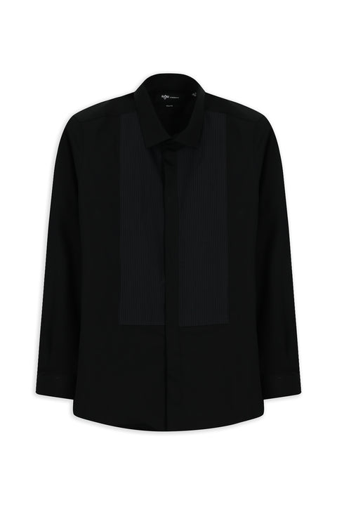 Black Slim Fit Narrow Cut Pleated Cotton Stand Collar Shirt