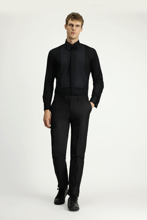 Siyah Slim Fit Dar Kesim Piliseli Pamuklu Ata Yaka Gömlek