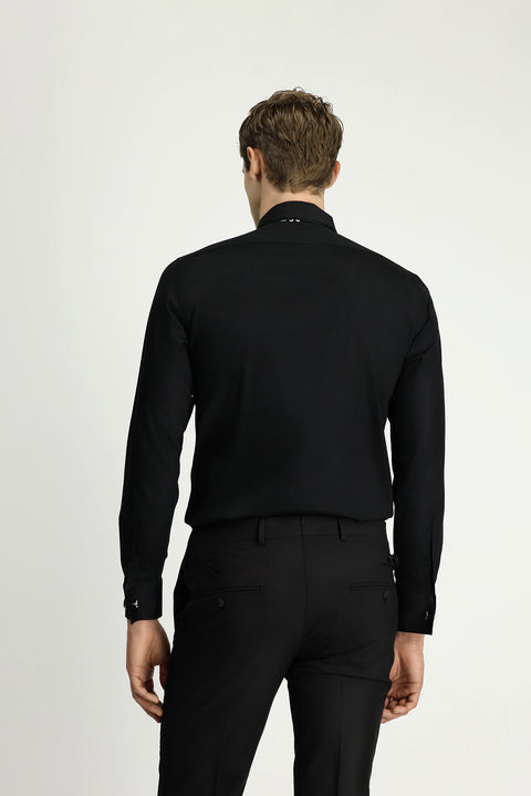 Black Slim Fit Narrow Cut Pleated Cotton Stand Collar Shirt
