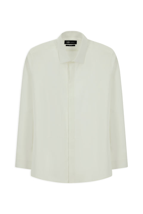 White Slim Fit Narrow Cut Pleated Cotton Stand Collar Shirt