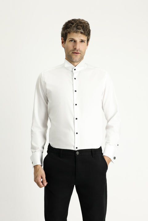 Beyaz Ata Yaka Slim Fit Dar Kesim Non Iron Pamuklu Gömlek