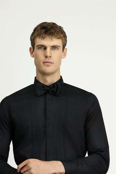  Siyah Uzun Kol Slim Fit Dar Kesim Non Iron Klasik Piliseli Pamuklu Gömlek