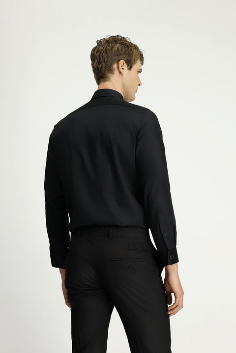 Siyah Uzun Kol Slim Fit Dar Kesim Non Iron Klasik Piliseli Pamuklu Gömlek