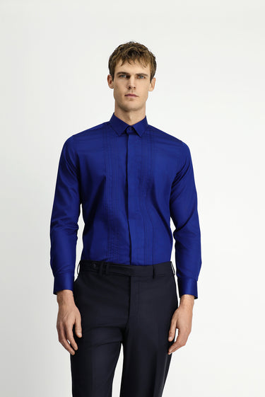 Orta Lacivert Uzun Kol Slim Fit Dar Kesim Non Iron Klasik Piliseli Pamuklu Gömlek