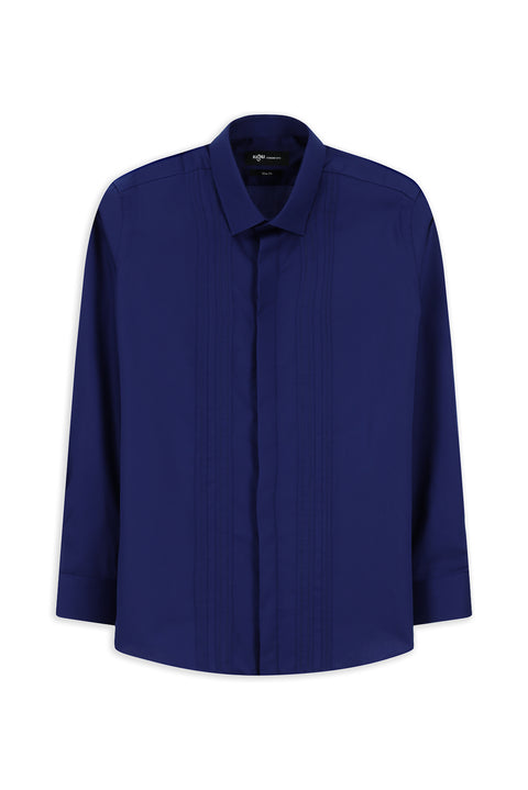 Orta Lacivert Uzun Kol Slim Fit Dar Kesim Non Iron Klasik Piliseli Pamuklu Gömlek