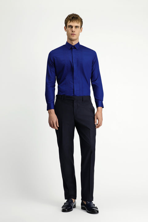 Orta Lacivert Uzun Kol Slim Fit Dar Kesim Non Iron Klasik Piliseli Pamuklu Gömlek