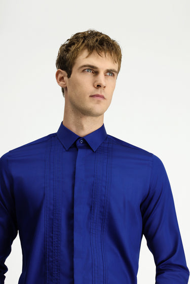 Orta Lacivert Uzun Kol Slim Fit Dar Kesim Non Iron Klasik Piliseli Pamuklu Gömlek