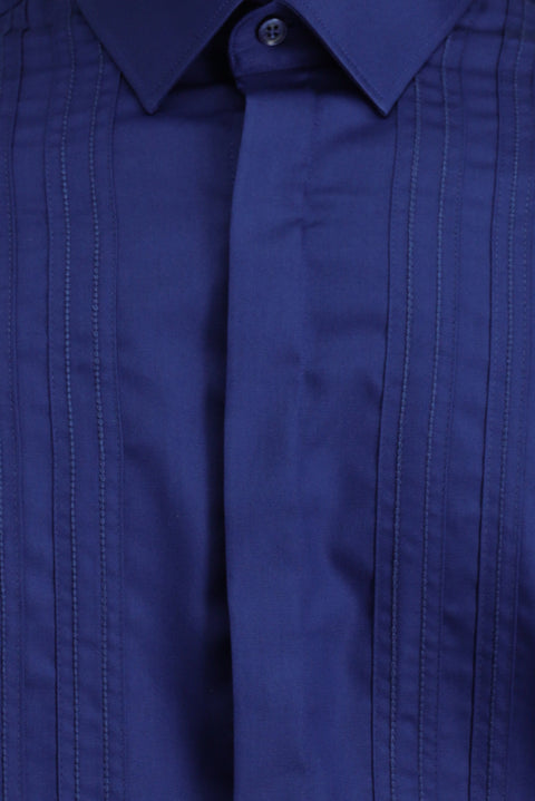 Orta Lacivert Uzun Kol Slim Fit Dar Kesim Non Iron Klasik Piliseli Pamuklu Gömlek