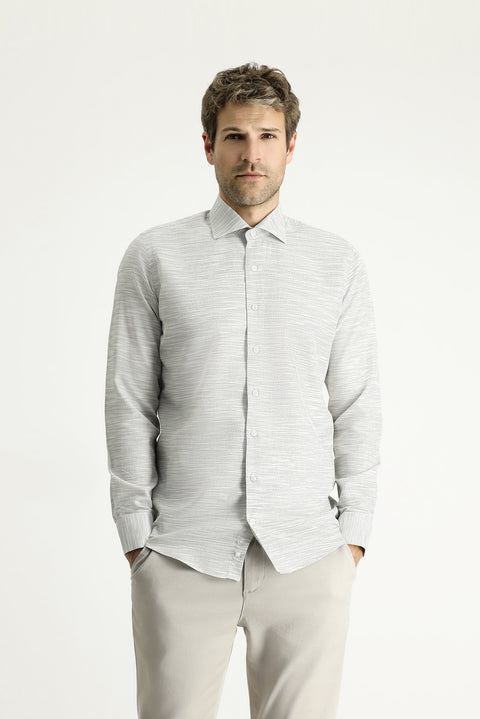 Orta Gri Uzun Kol Slim Fit Dar Kesim Desenli Pamuk Gömlek