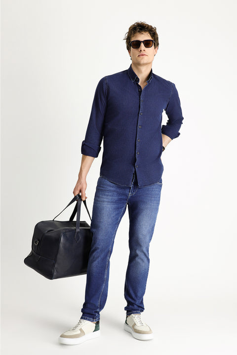 İndigo Uzun Kol Slim Fit Dar Kesim Desenli Pamuk Düğmeli Yaka Gömlek