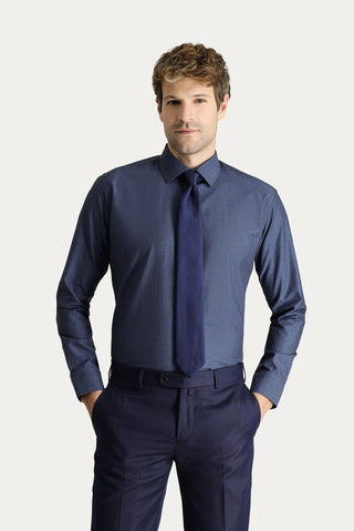  Koyu Lacivert Uzun Kol Slim Fit Dar Kesim Klasik Desenli Pamuk Gömlek